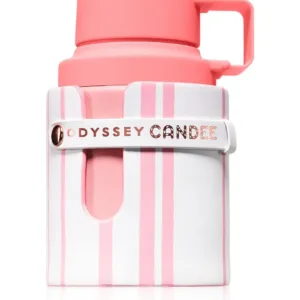 Flacon de parfum Armaf Odyssey Candee rose et blanc, en forme de gourde avec poignée et sangle avec logo.