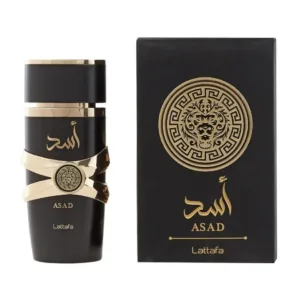 Flacon et boîte de parfum noir et or Asad de Lattafa pour homme de 100ml sur fond blanc.