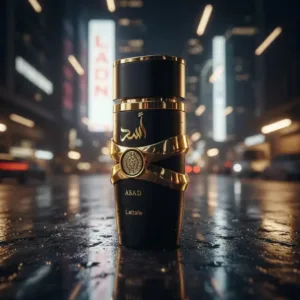 Flacon de parfum noir et or Asad de Lattafa posé au sol dans une rue de ville illuminée la nuit.