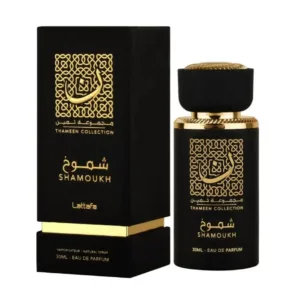 Parfum Shamoukh Thameen Collection Lattafa Eau de Parfum 30ml flacon et boite noirs dore