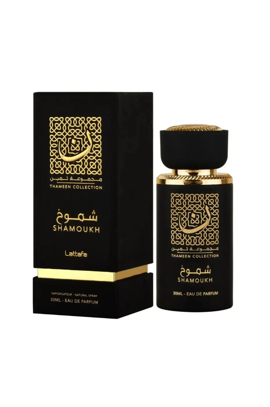 lattafa-edp-mixte-shamoukh-30ml-1 Parfum Shamoukh Thameen Collection Lattafa Eau de Parfum 30ml flacon et boite noirs dore