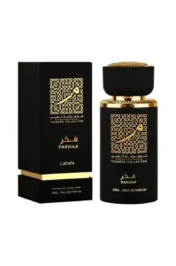 Flacon et boîte de parfum noir et or Fakhar Lattafa Thameen Collection Eau de Parfum 30 ml.