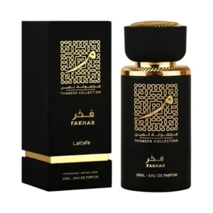 Flacon et boîte de parfum noir et or Fakhar Lattafa Thameen Collection Eau de Parfum 30 ml.