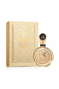 Flacon de parfum doré rond Lattafa Fakhar pour femme et sa boîte cadeau dorée assortie sur fond blanc.